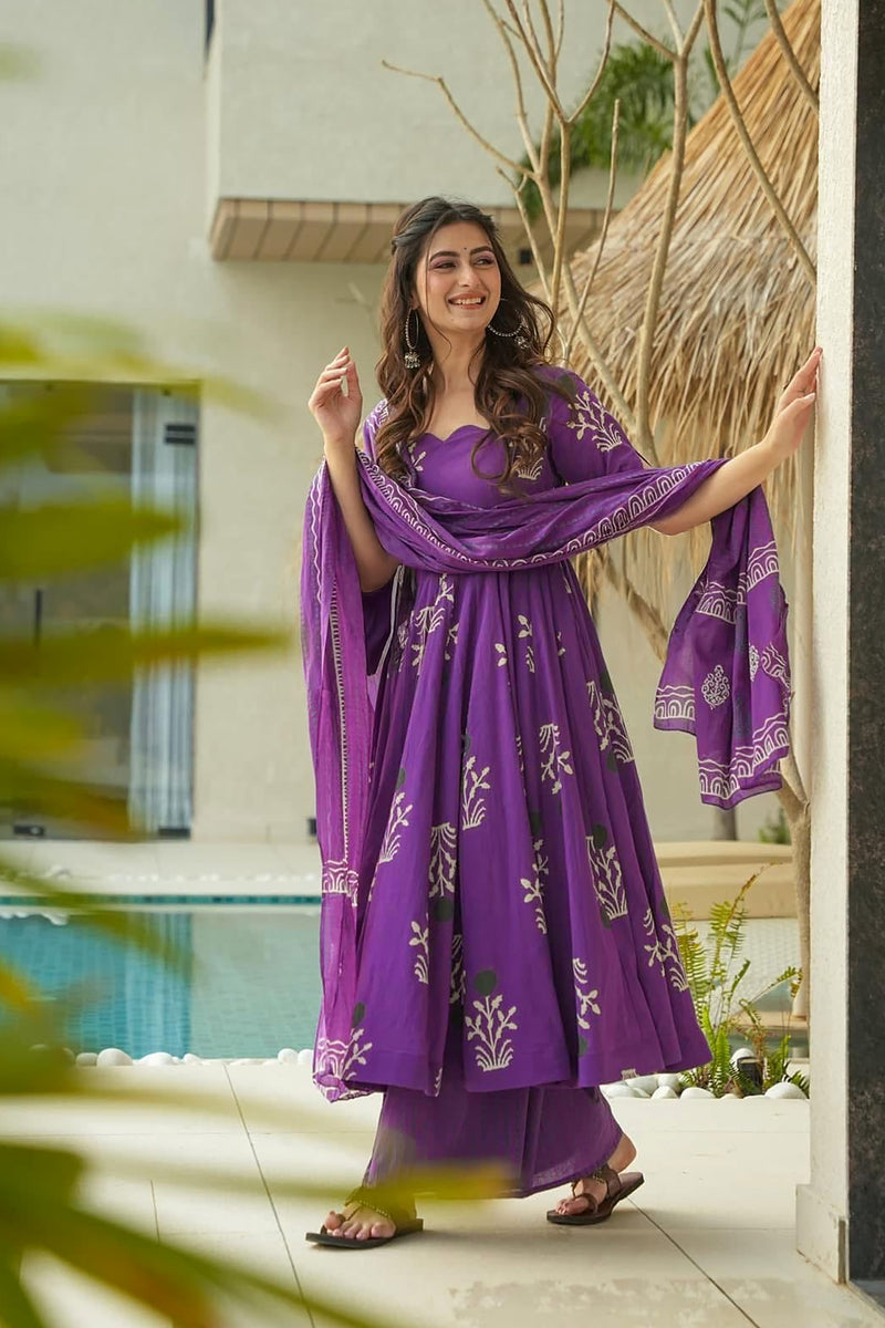 Women Purple Dot Foil Print Anarkali Dress