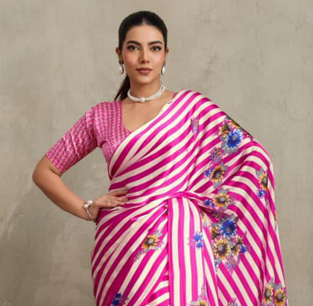 Women's Pink Floral Printed Satin Saree With Unstitched Blouse Piece