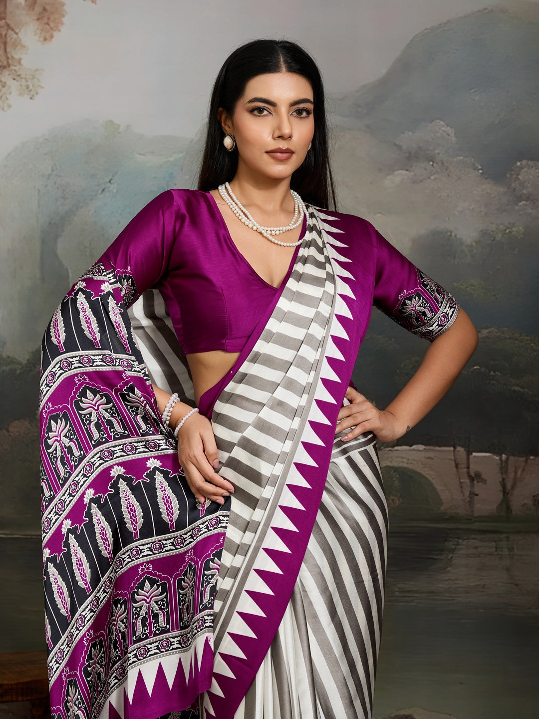 Women's Purple Ajrakh Printed Modal Satin Saree With Unstitched Blouse Piece