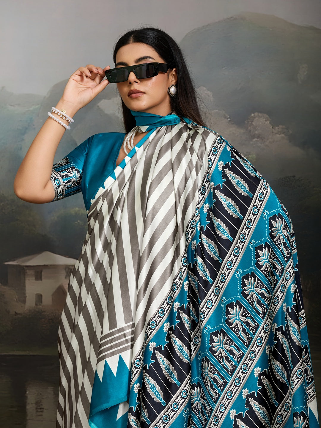 Women's Teal Ajrakh Printed Modal Satin Saree With Unstitched Blouse Piece