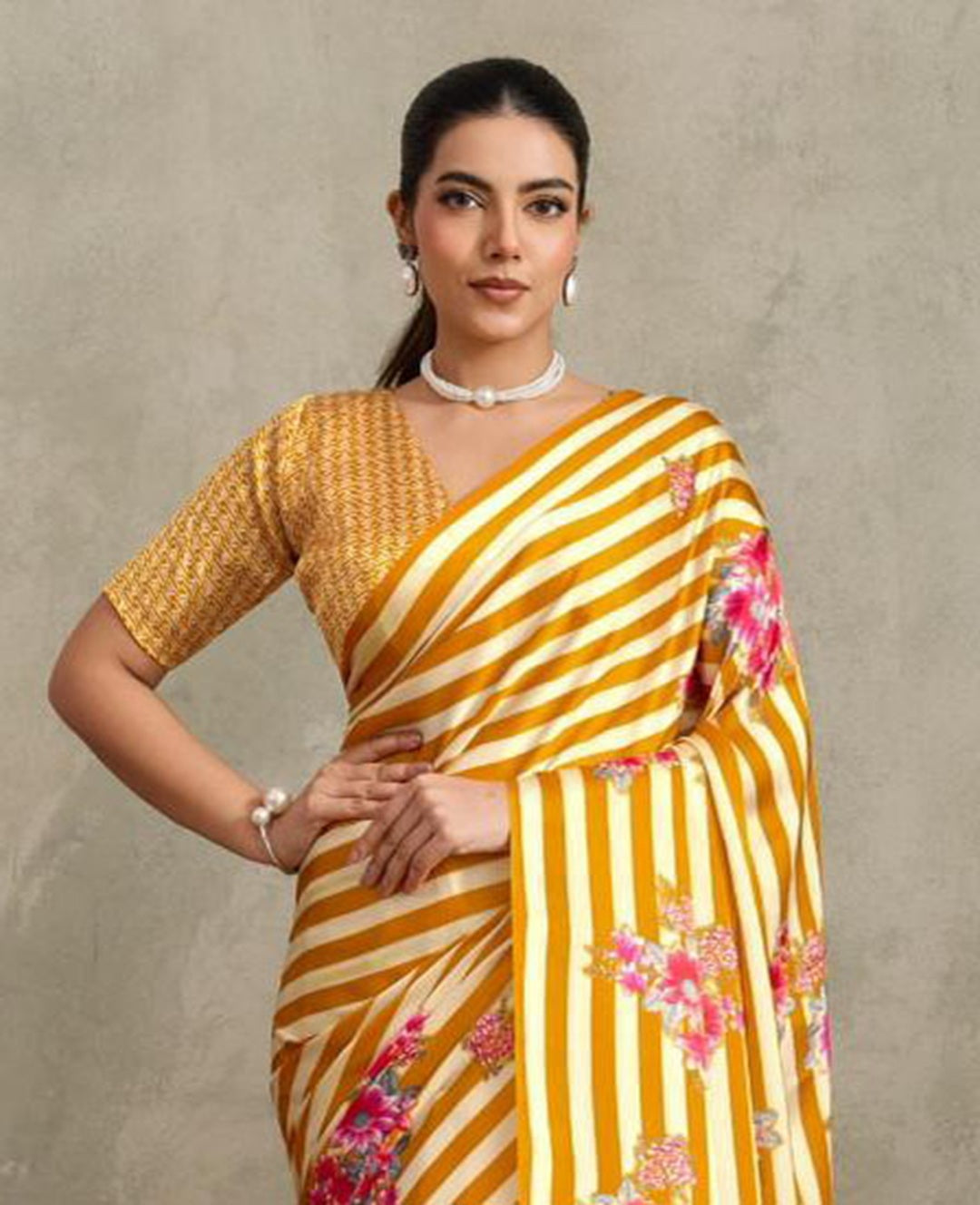 Women's Yellow Floral Printed Satin Saree With Unstitched Blouse Piece
