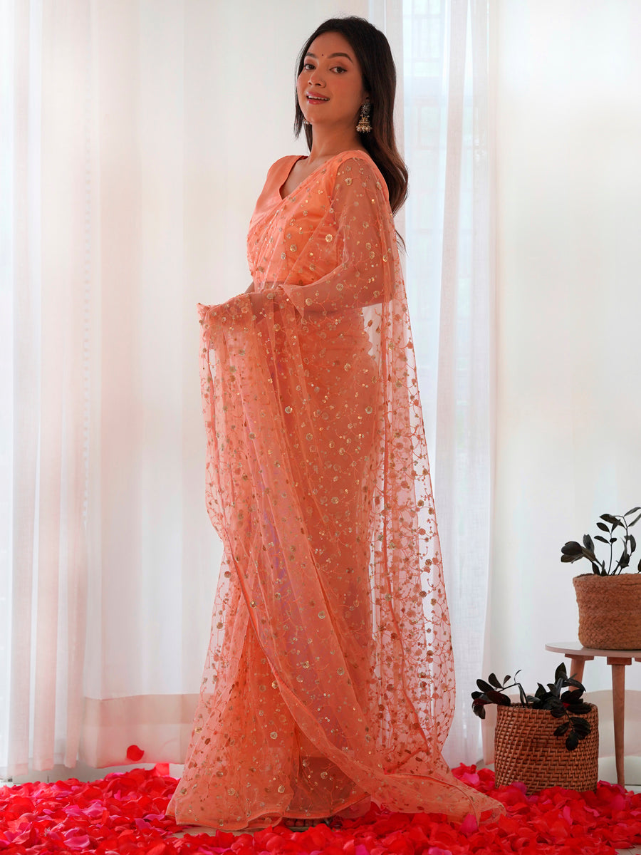 Women's Georgette Peach Embellished Designer Saree With Blouse Piece
