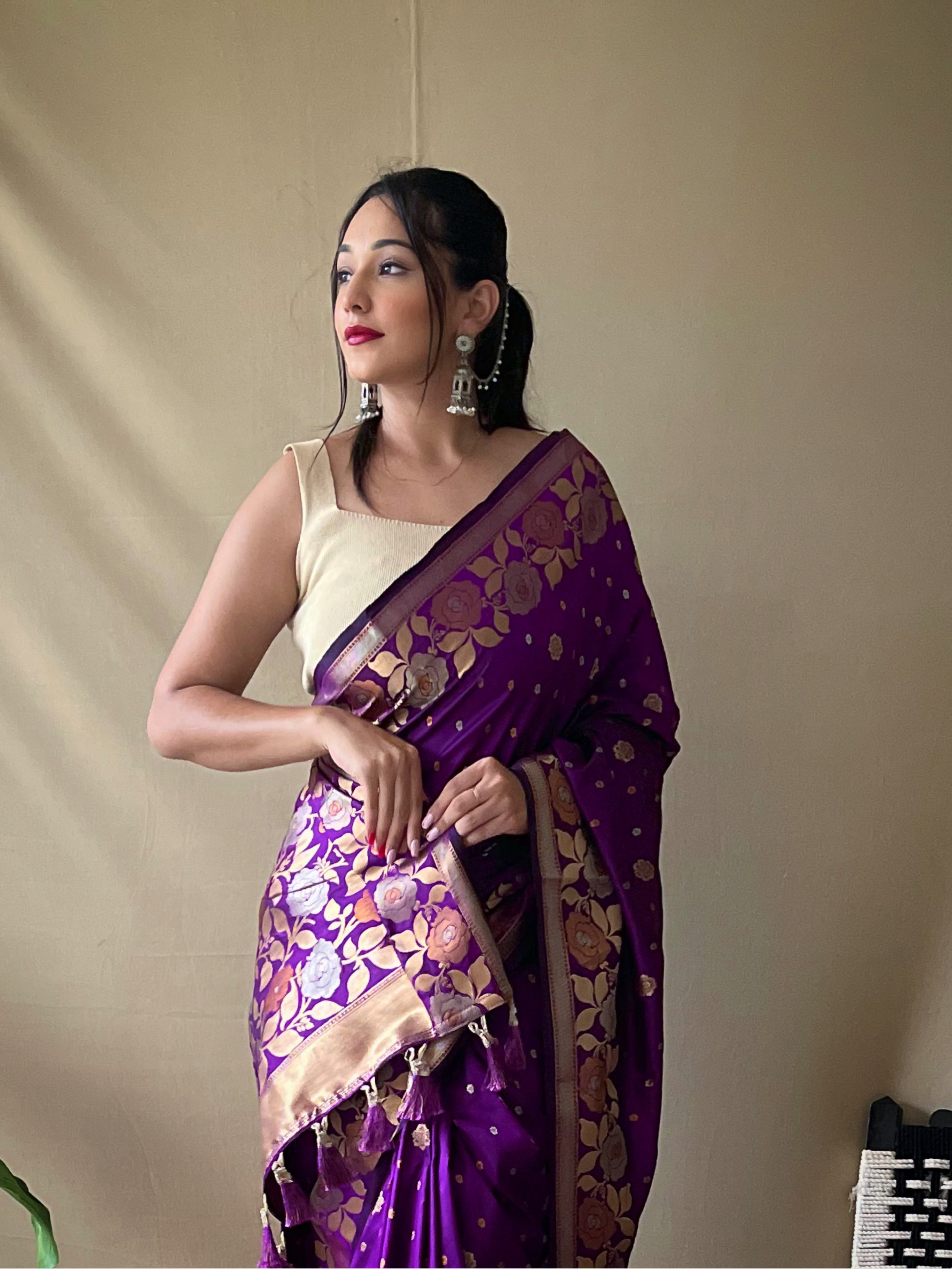 Women's Banarasi Silk Saree with Floral Woven Border and Pallu Purple