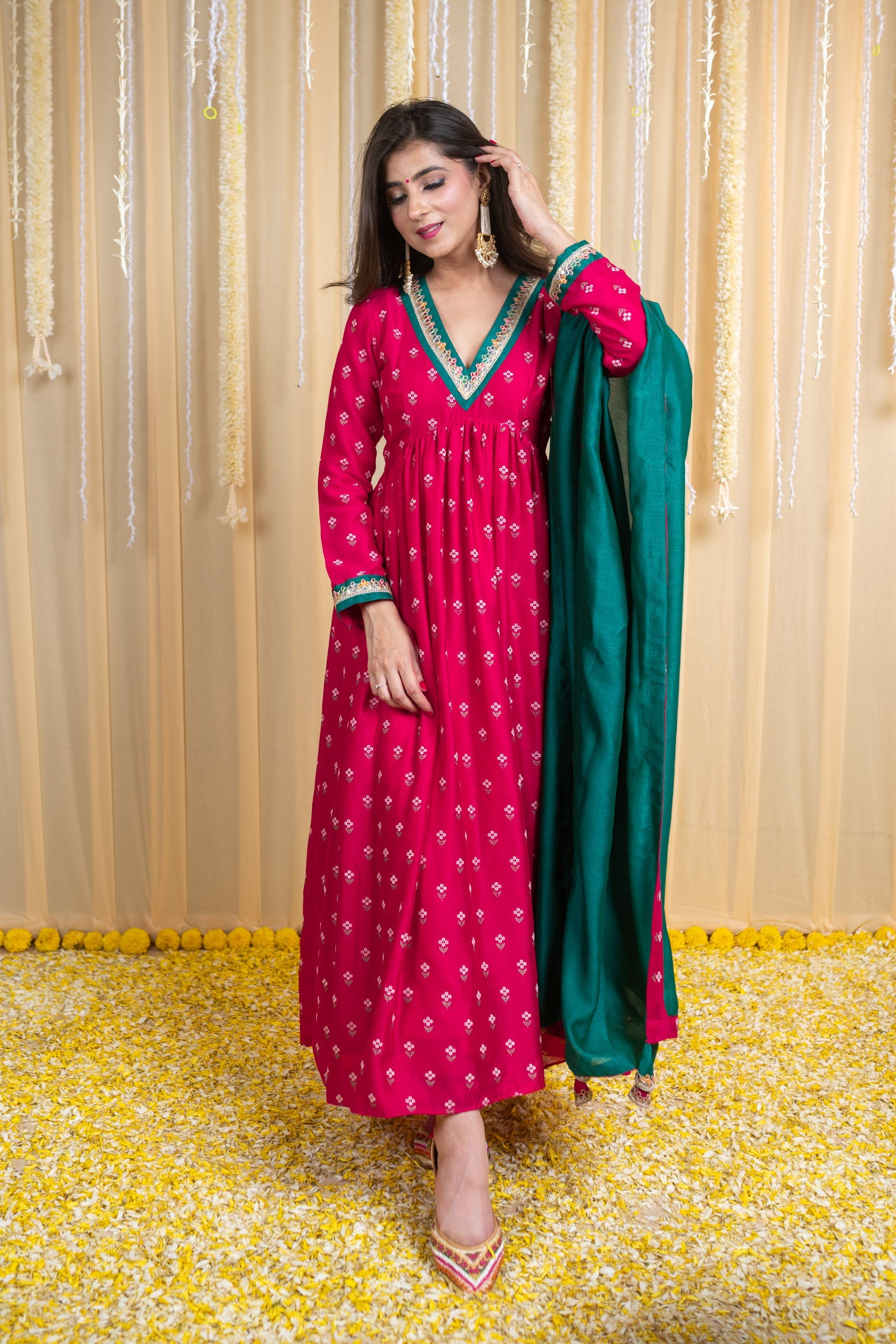 Women's Pink & Green Rubber Foil Print Flared Anarkaliâ Set