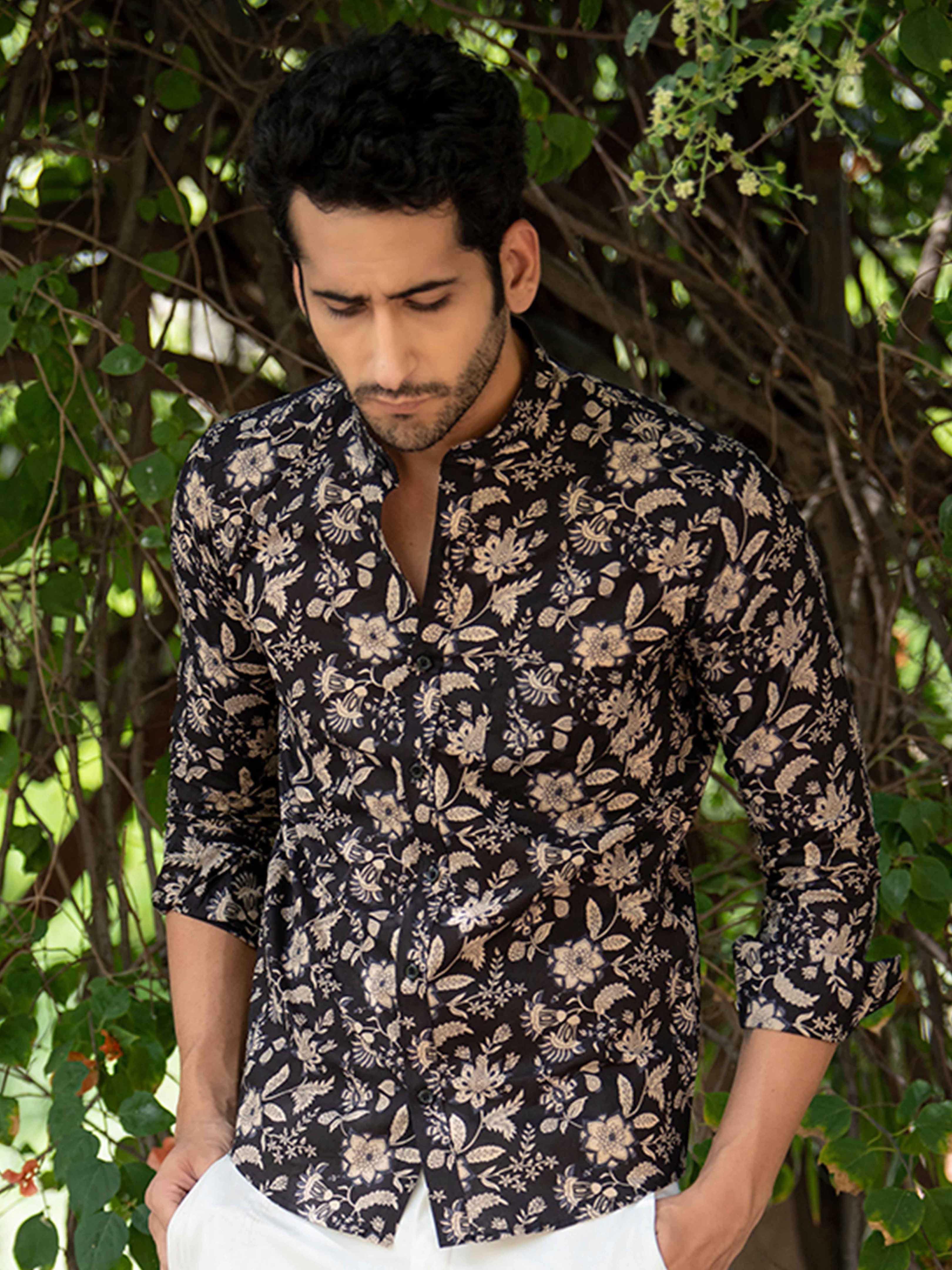 Men's Black Cotton Floral Shirt Black / 4XL