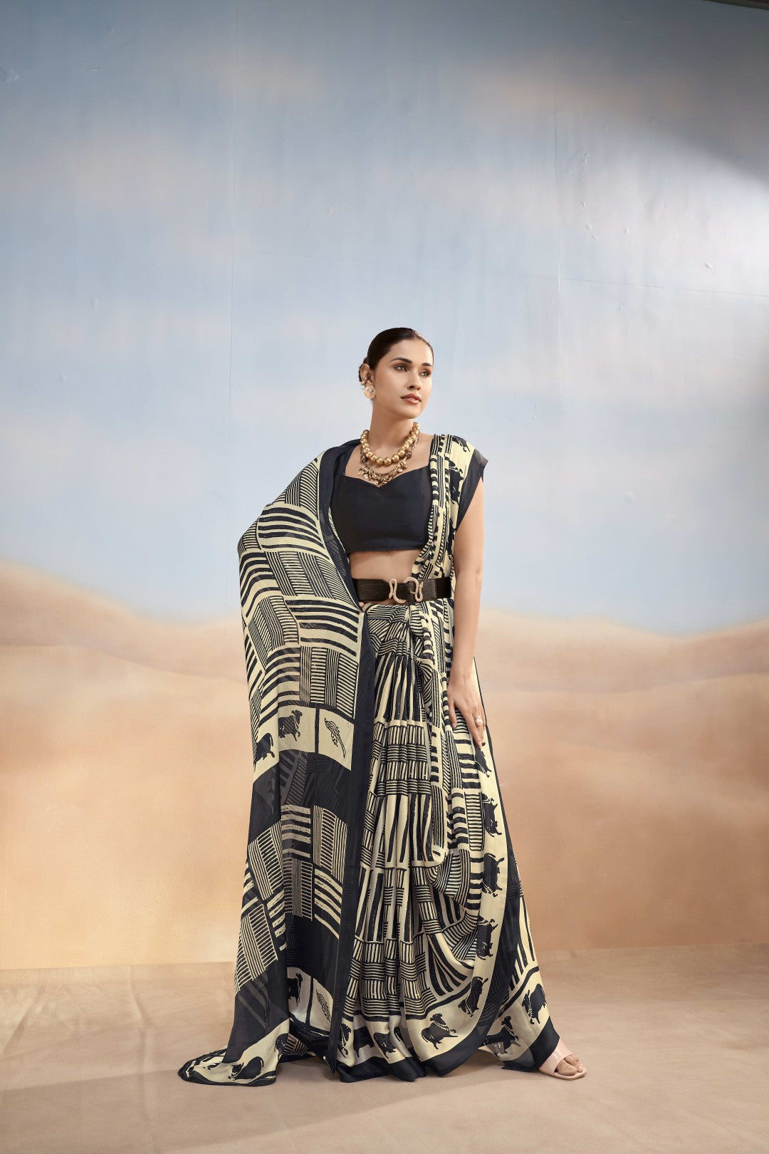 Women's Black Satin Chiffon Printed Saree With Unstitched Blosue
