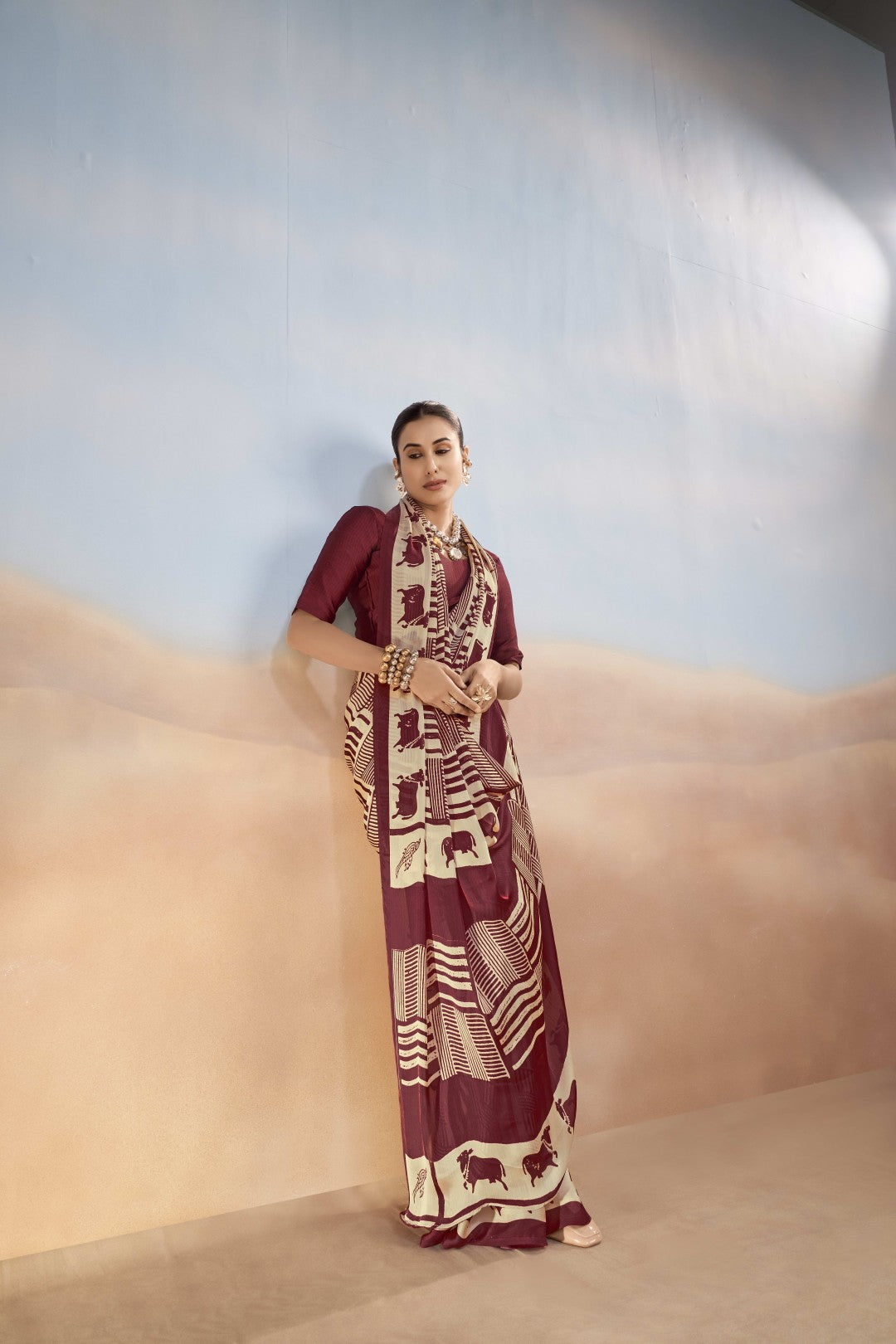 Women's Maroon Satin Chiffon Printed Saree With Unstitched Blosue