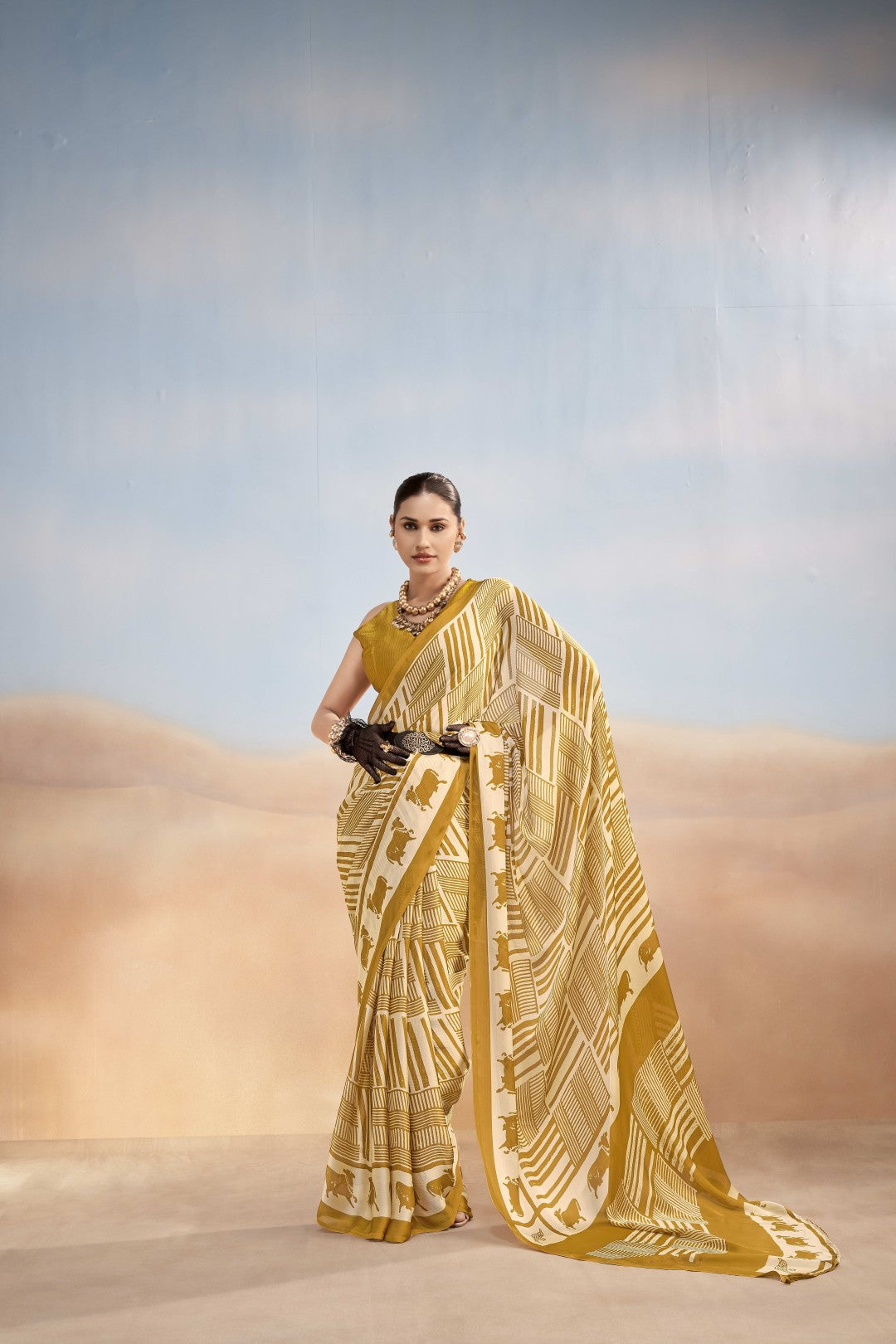 Women's Mustard Satin Chiffon Printed Saree With Unstitched Blosue