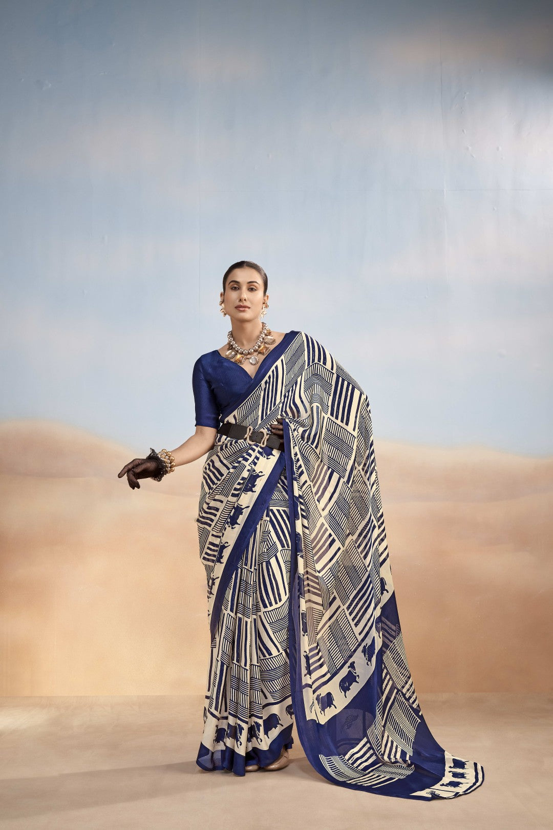 Women's Nevy Blue Satin Chiffon Printed Saree With Unstitched Blosue