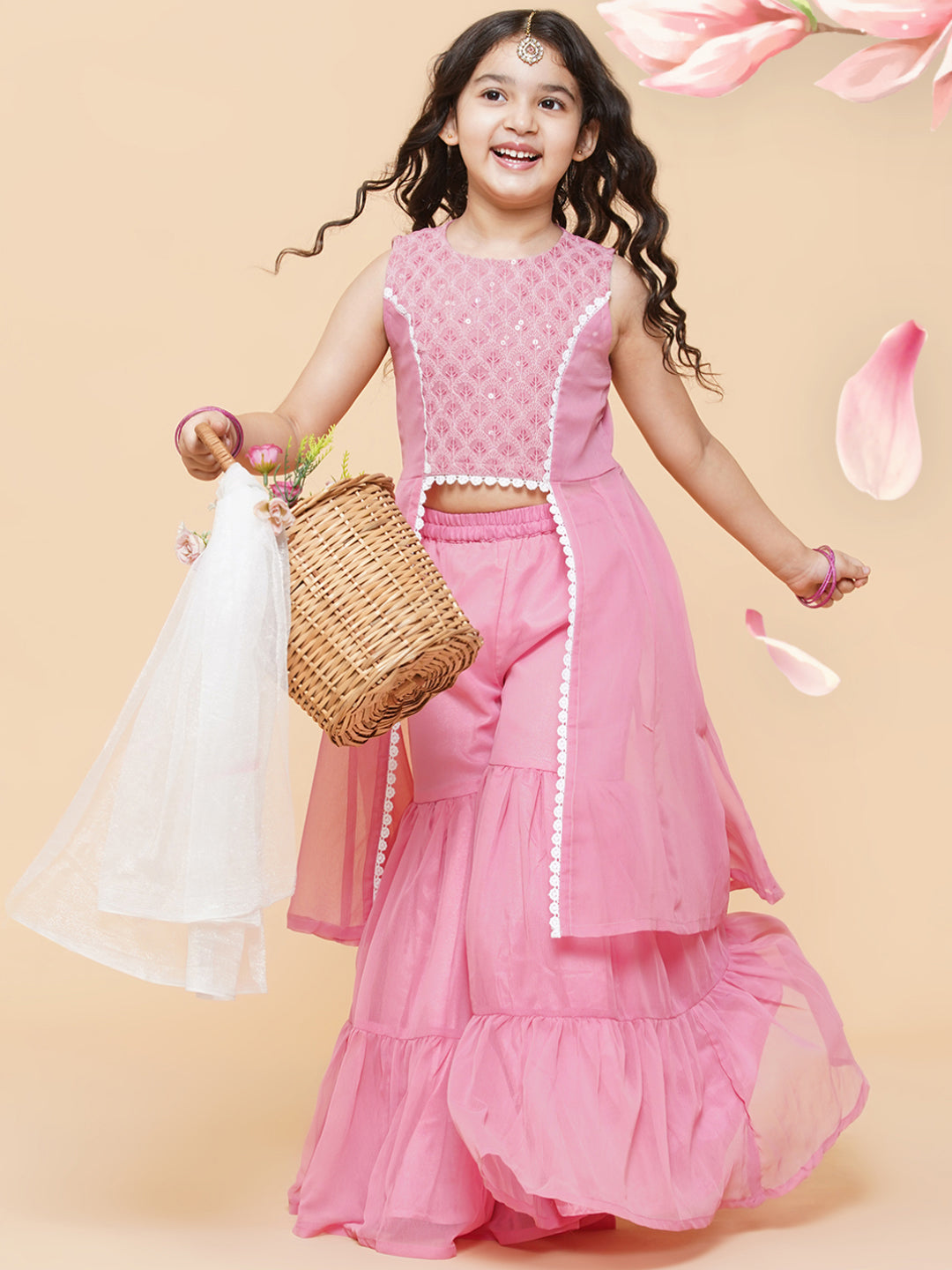 Girl's Pink Self Design Poly Georgette Straight Kurta With Sharara