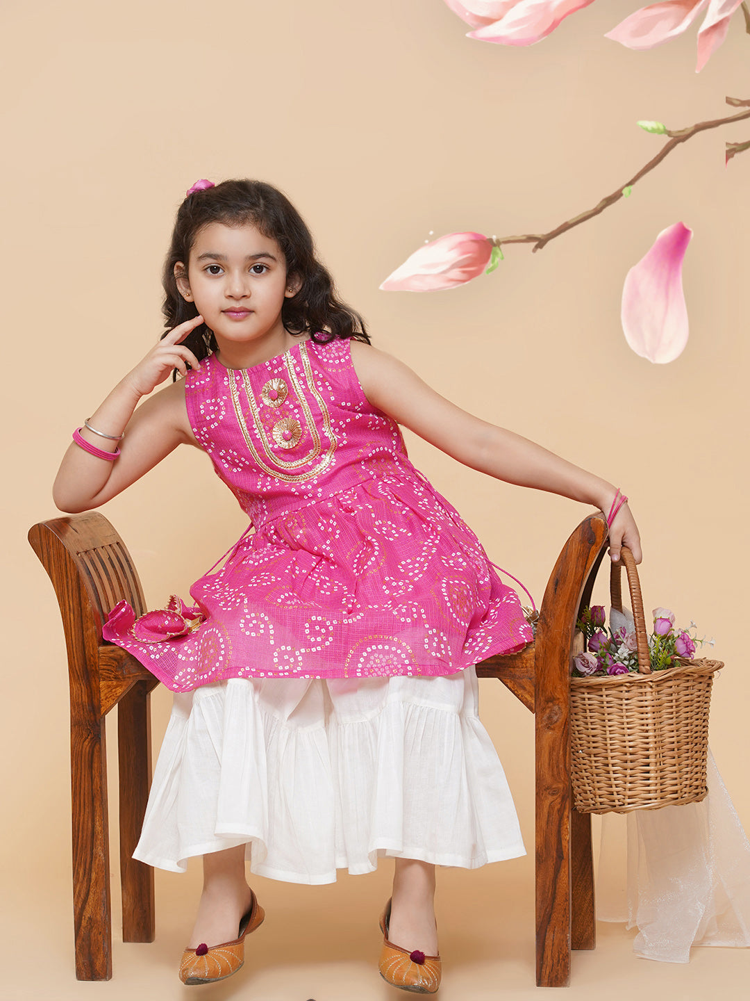 Girl's Pink Bhandhej Printed Kurta With Sharara
