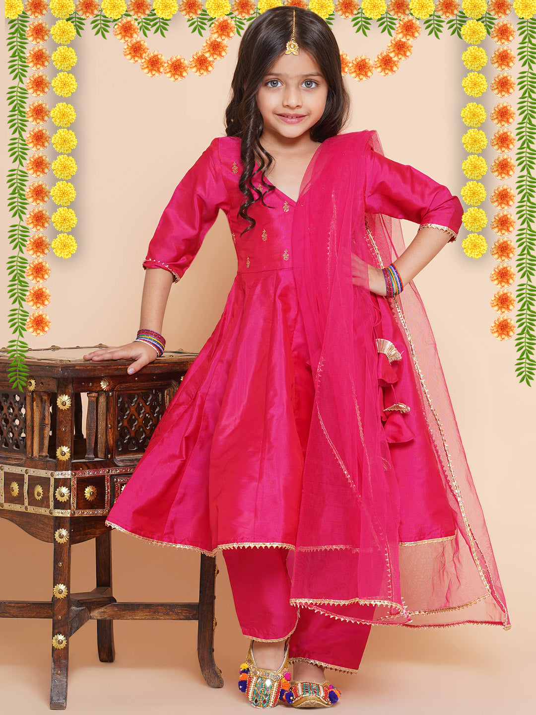 Girl's Pink Embroidered Kurta With Trousers & With Dupatta