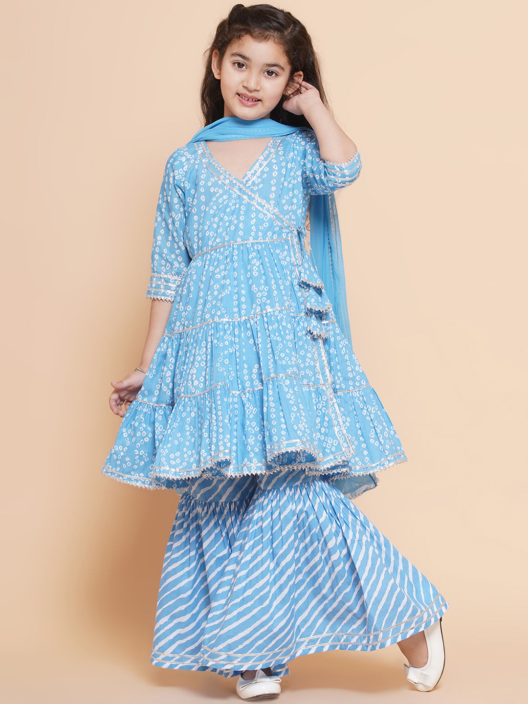Girl's Blue Bandhani Printed Angrakha Gotta Patti Kurta With Sharara With Dupatta
