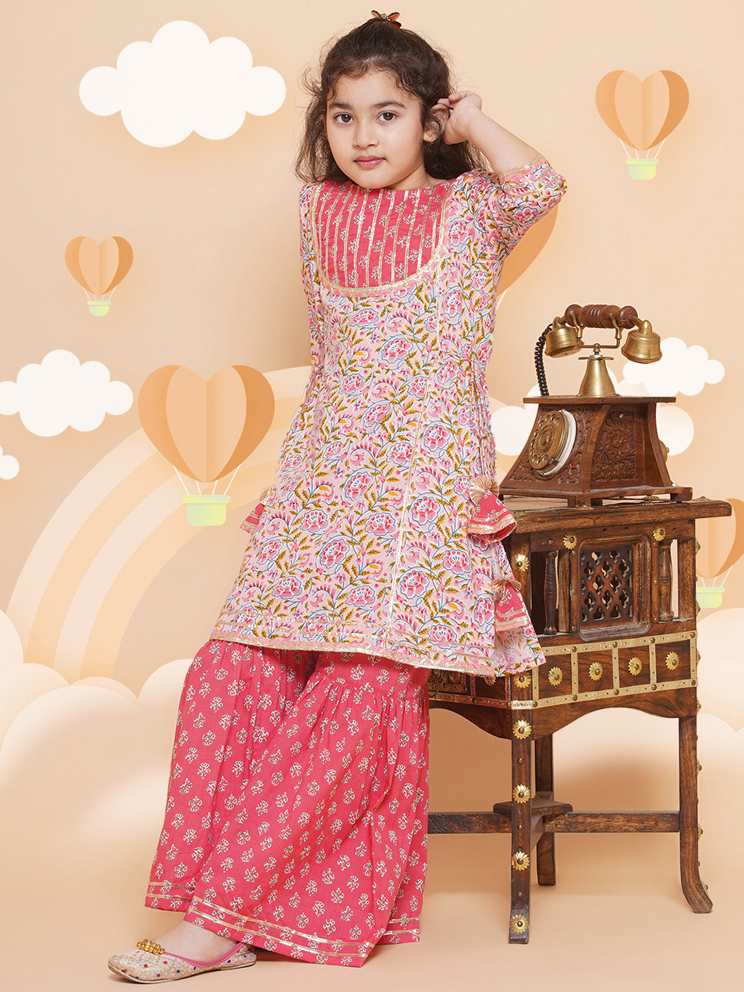 Girl's Floral Printed Cotton Kurta With Sharara