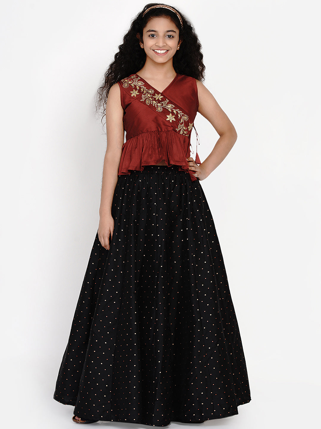 Girls Maroon & Black Printed Ready To Wear Lehenga With Blouse