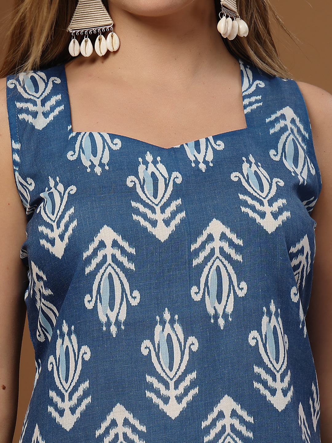 Women's Blue Ikkat Printed Cotton Blend Straight Top