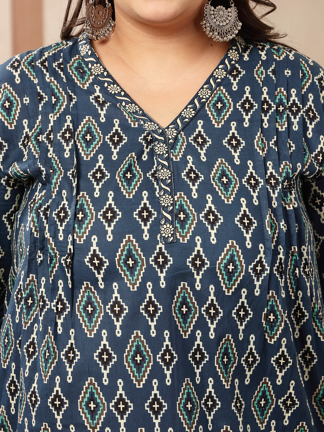 Women's Plus Size Blue Ethnic Printed Cotton Empire Top