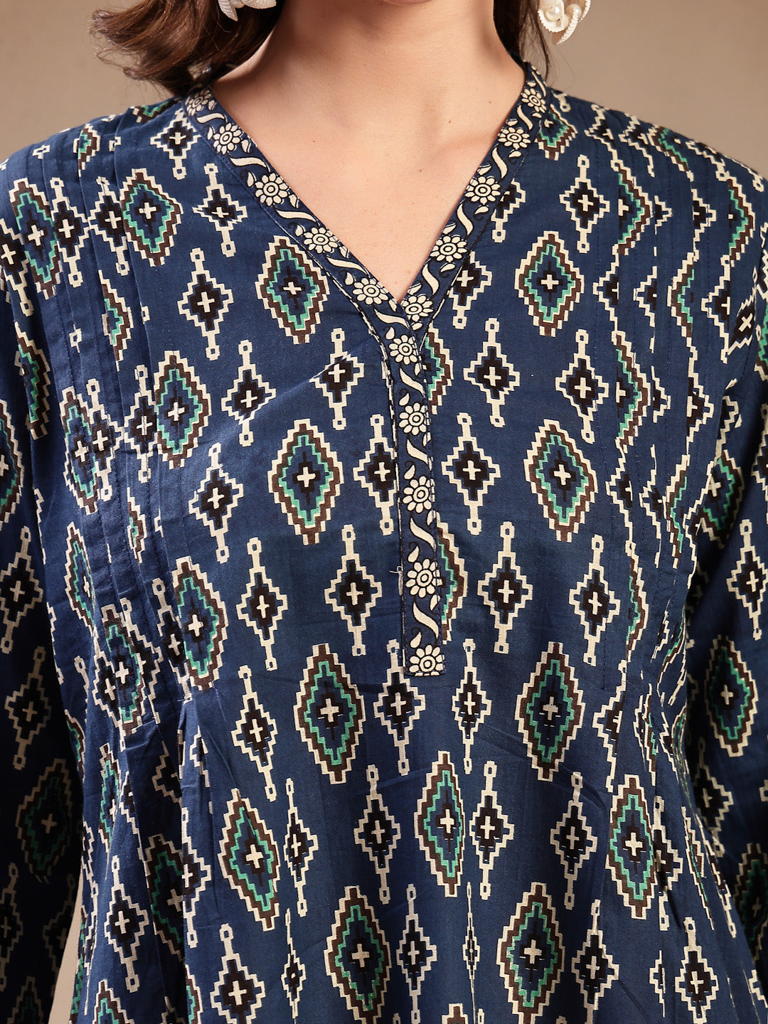 Women's Blue Ethnic Printed Cotton Empire Top