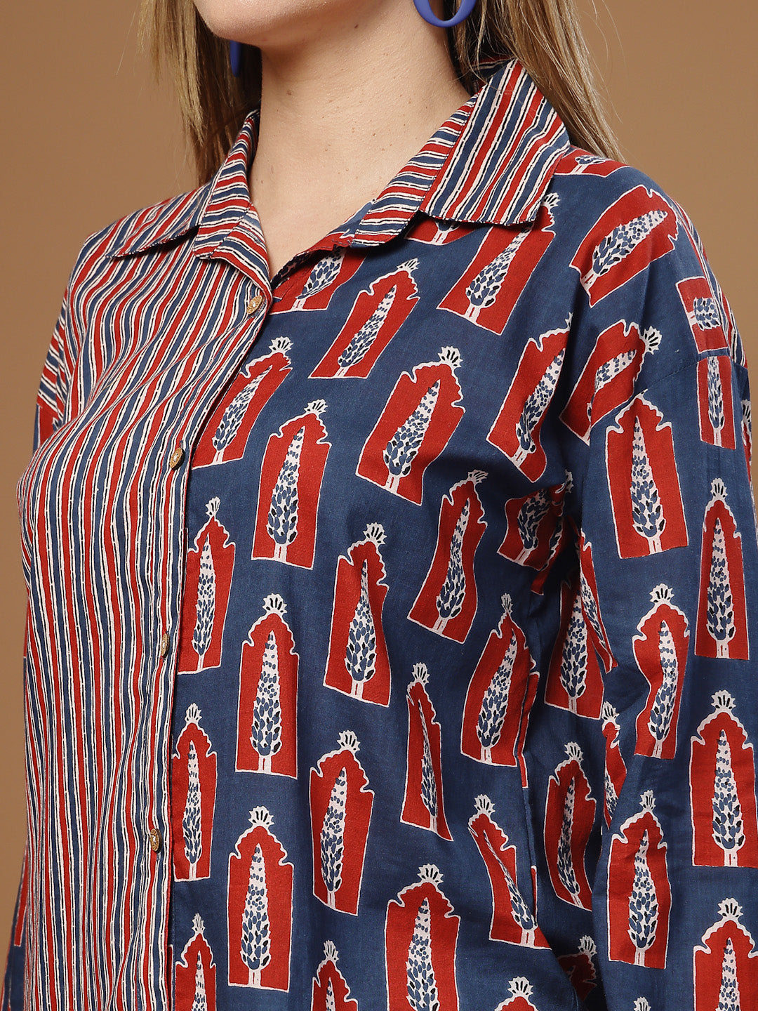 Women's Indigo Ethnic Printed Cotton Shirt
