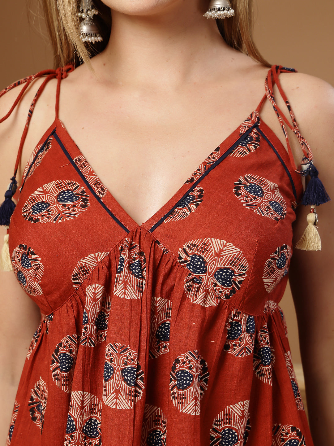Women's Maroon Ethnic Printed Cotton Peplum Top