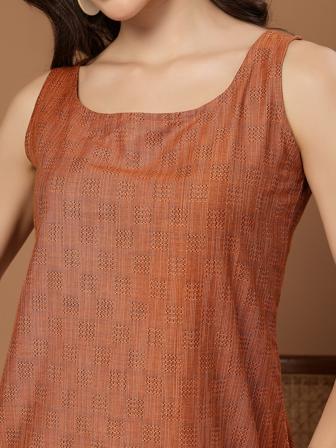 Women's Orange Woven Design Cotton Straight Top