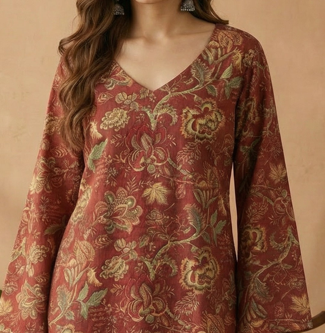 Women's Red Floral Printed Cotton Straight Top