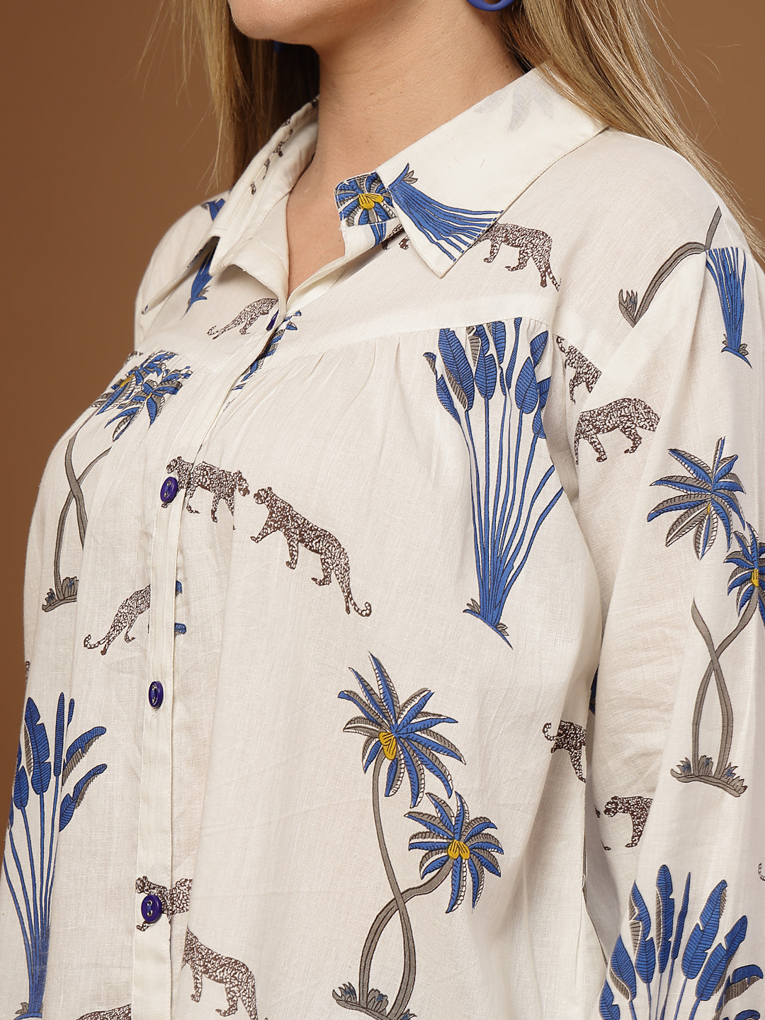 Women's White Palm Tree Printed Cotton Shirt