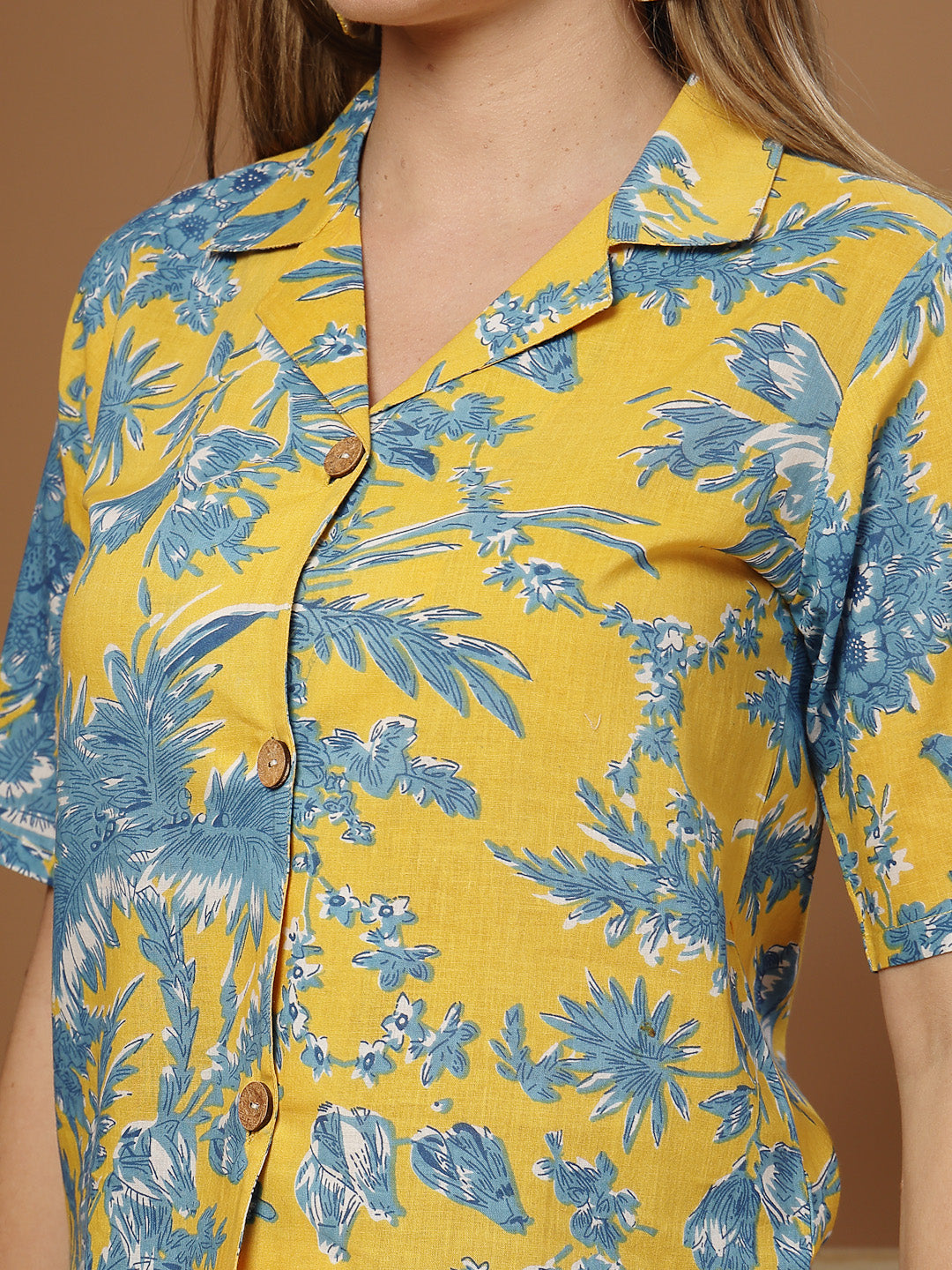 Women's Yellow Floral Printed Cotton Crop Top