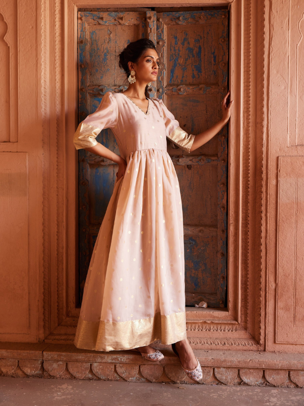 Women's Chiku Chanderi Printed V-Neck Dress Cream / XS