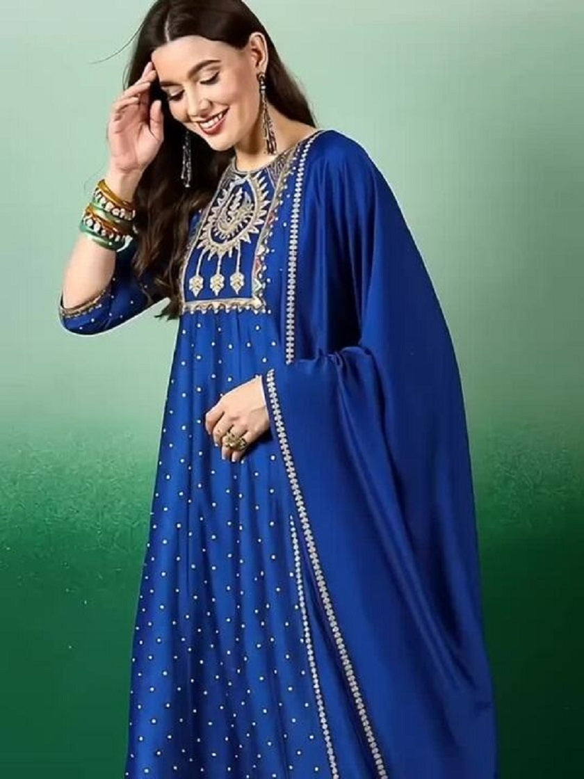 Women's Royal Blue Embroidered Kurta With Pant And Duppata Set