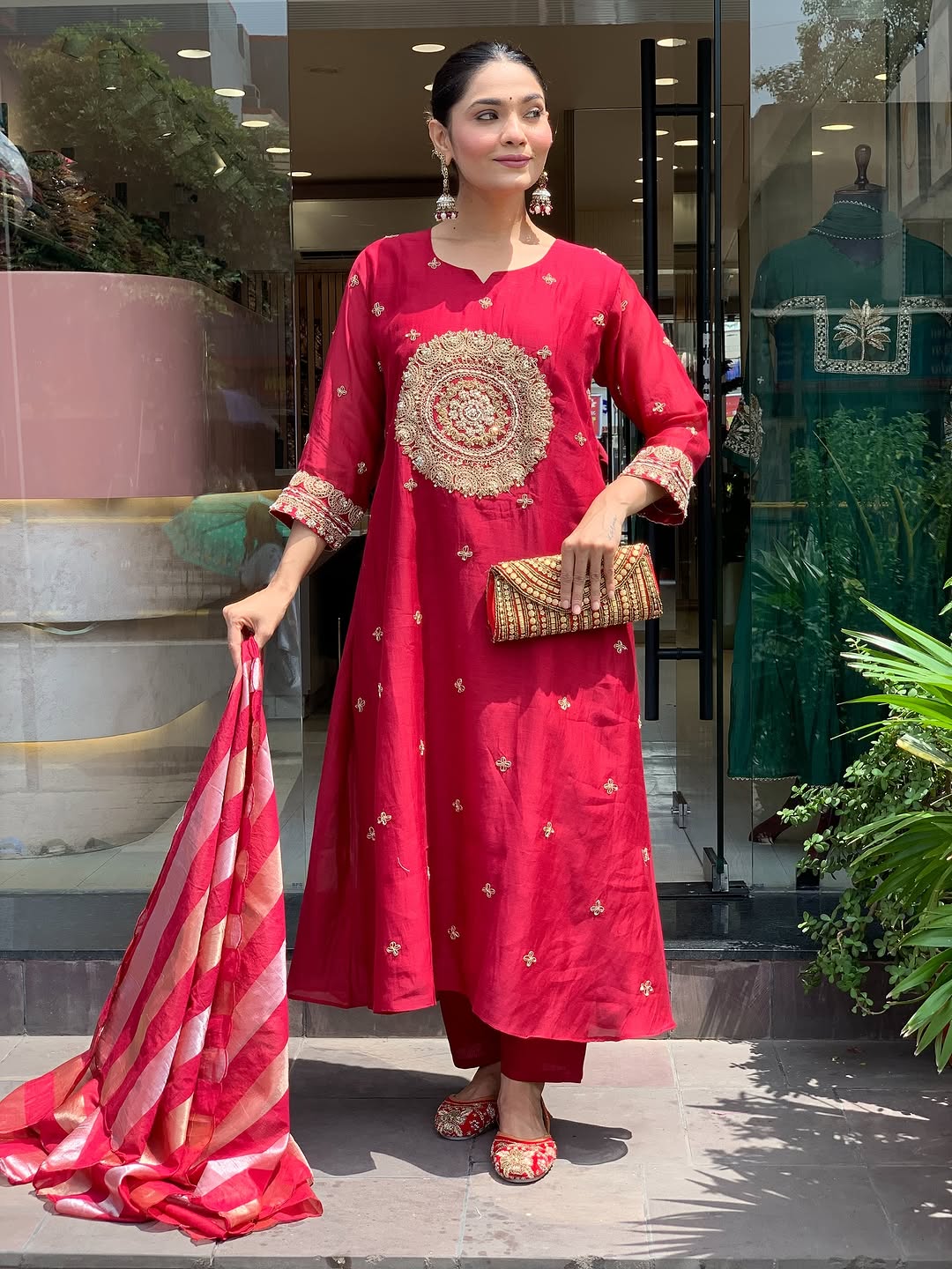 Women's Red Embroidered Kurta With Pant And Duppata Set