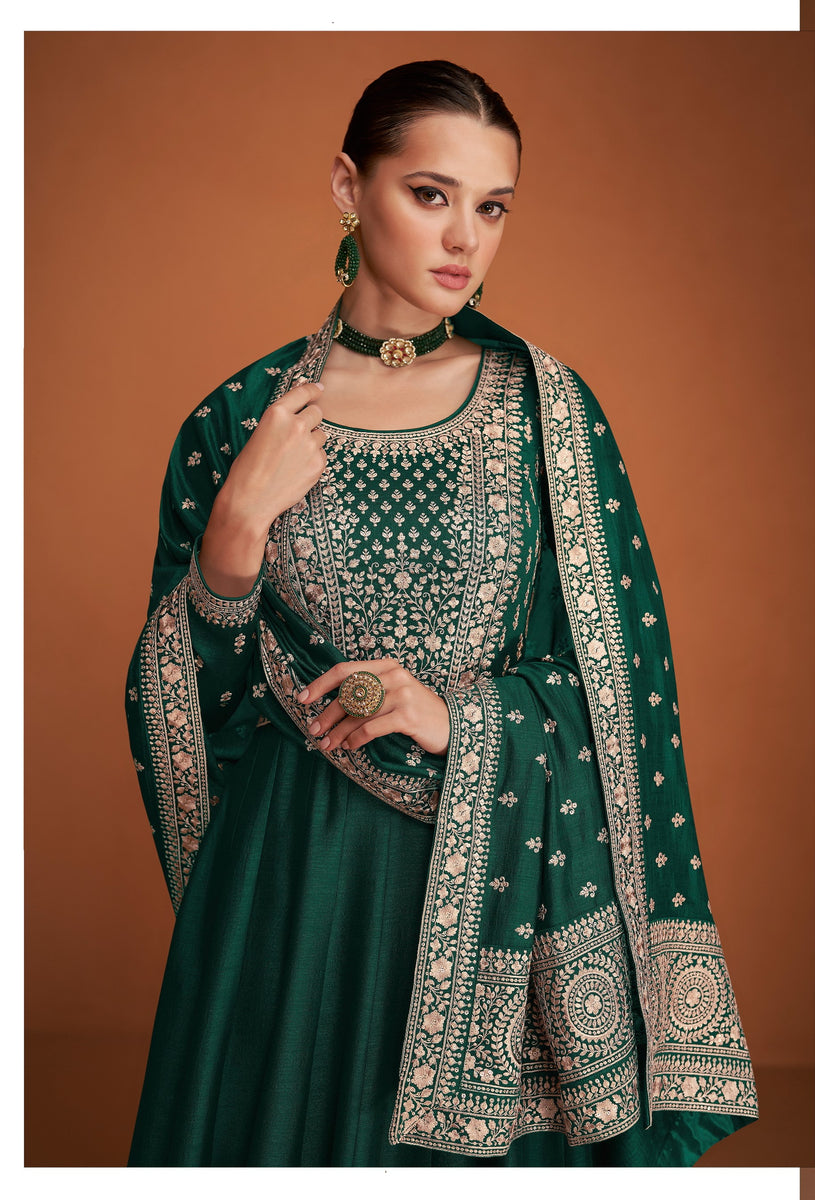 Women's Peacock Green Silk Blend Anarkali Semi Stitched Anarkali Set