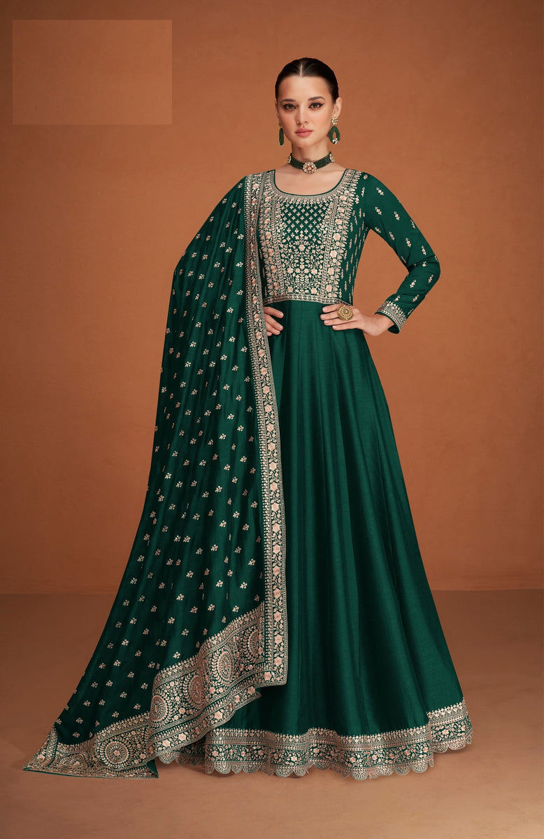 Women's Peacock Green Silk Blend Anarkali Semi Stitched Anarkali Set
