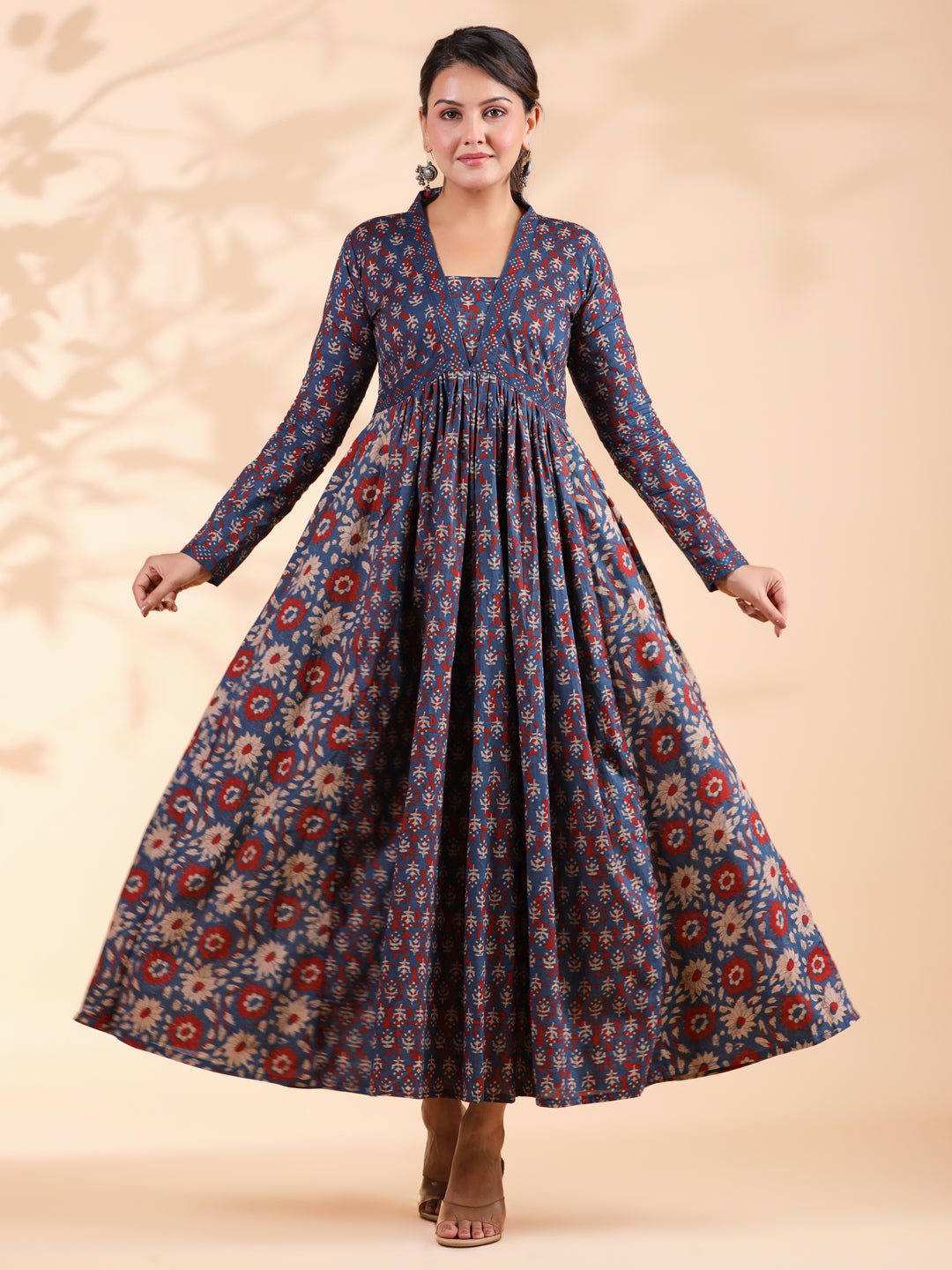 Women's Blue Cotton Alia Cut Anarkali