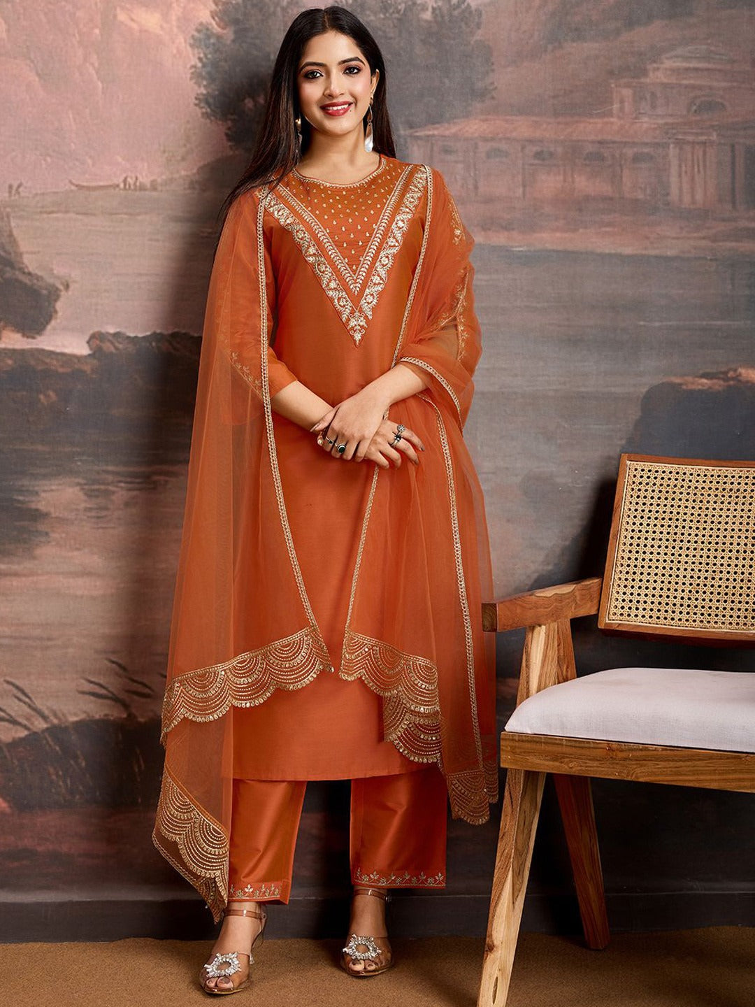 Women's Orange Cotton Silk Embroidered In Neck Kurta Set