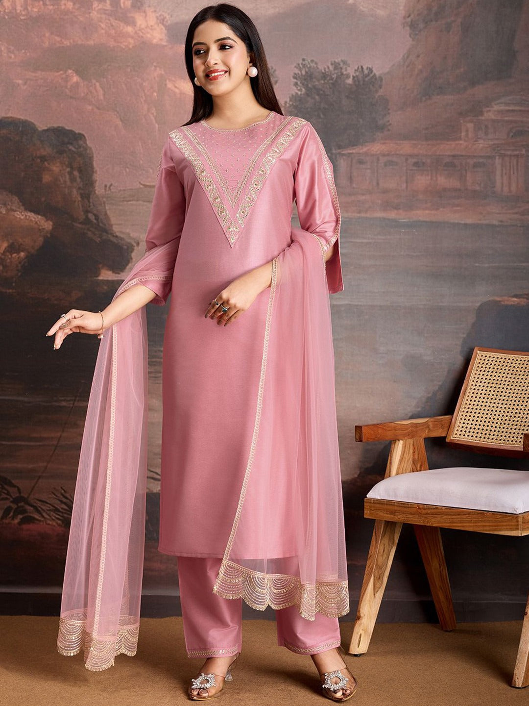 Women's Pink Cotton Silk Embroidered In Neck Kurta Set