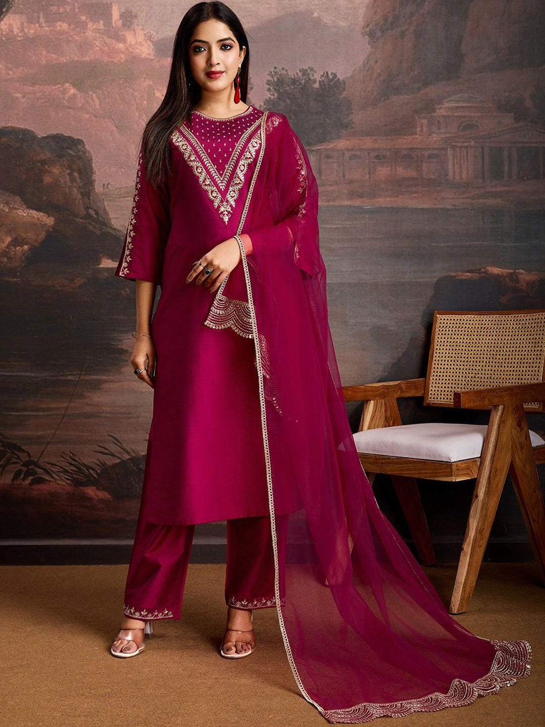 Women's Rani Cotton Silk Embroidered In Neck Kurta Set