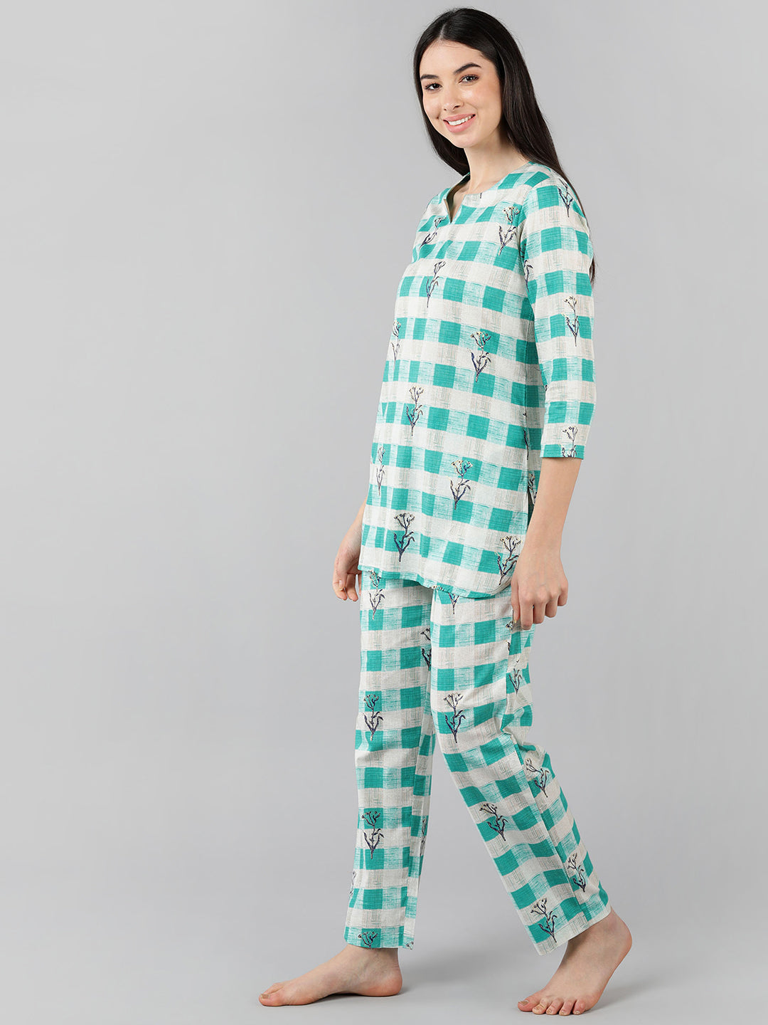 Women's Teal Cotton Checked Printed Co-Ord Set