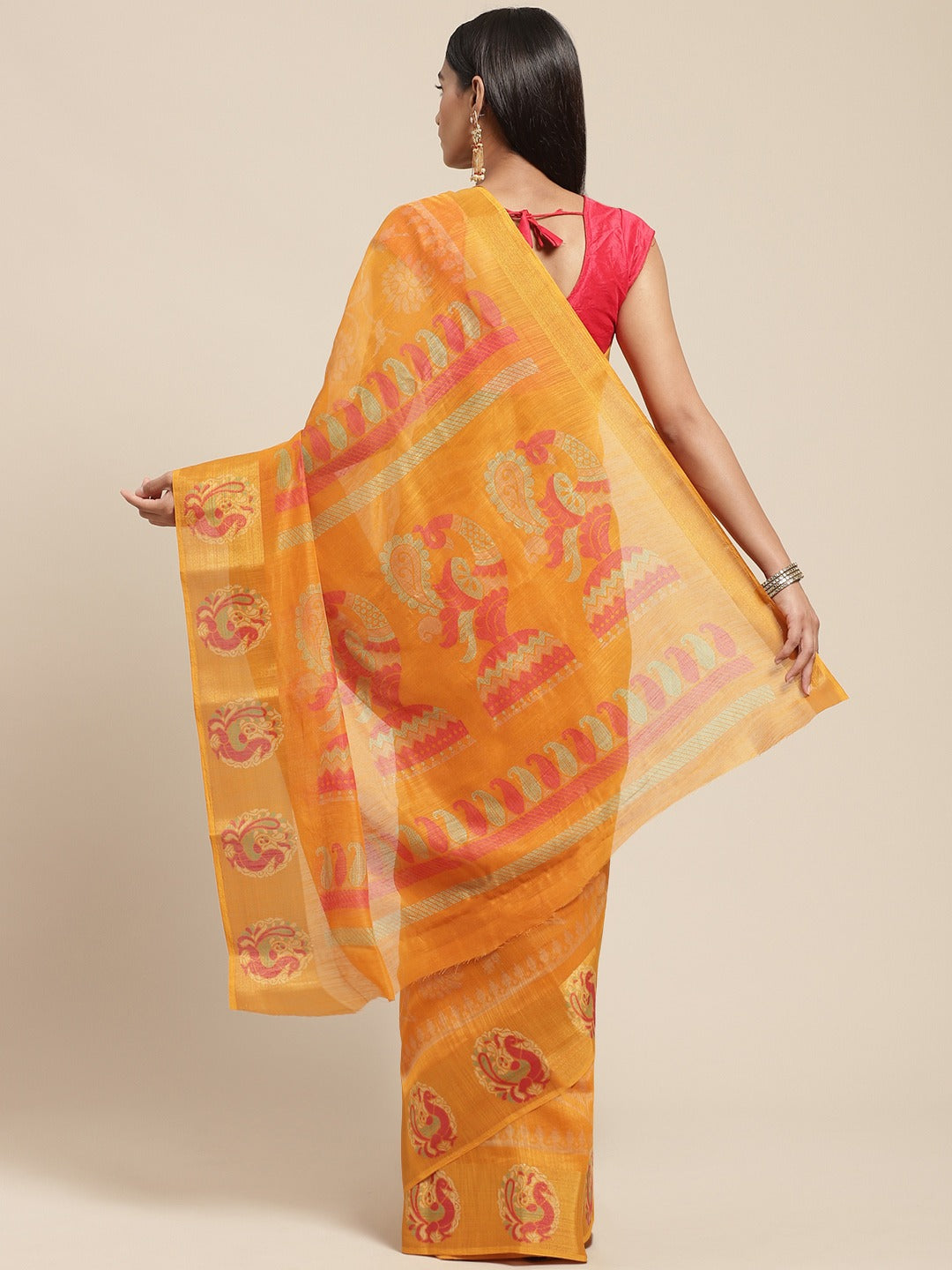 Women's Mustard Cotton Blend Printed Saree