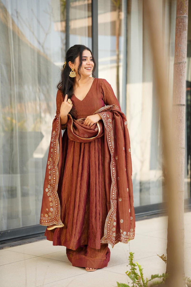 Women's Brown Chinon Solid Anarkali Set Brown / S