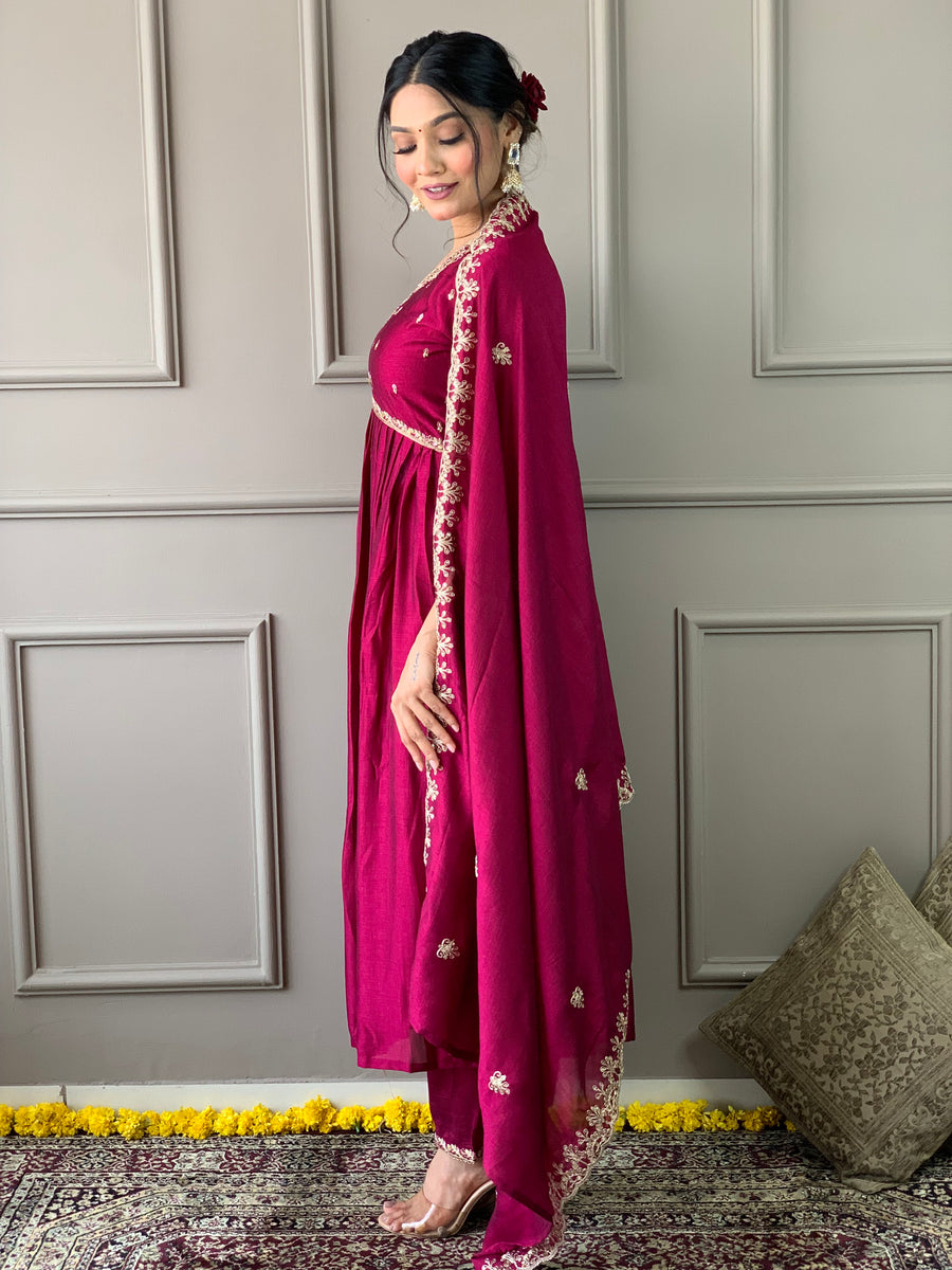 Wine Vichitra Silk Elegant Kurta Pant Set With Embroidery Work main image 1
