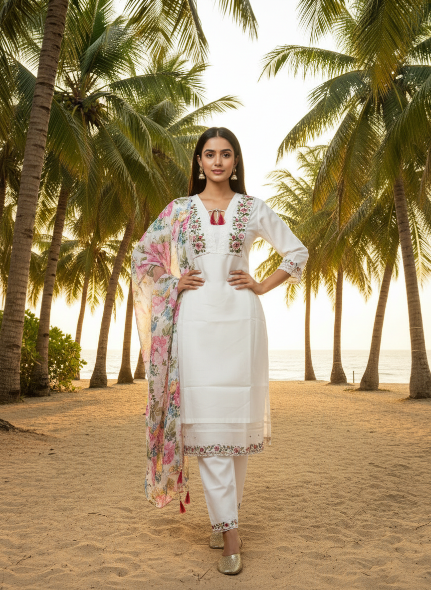 Women's White Embroidery Kurta With Pant And Duppata Set