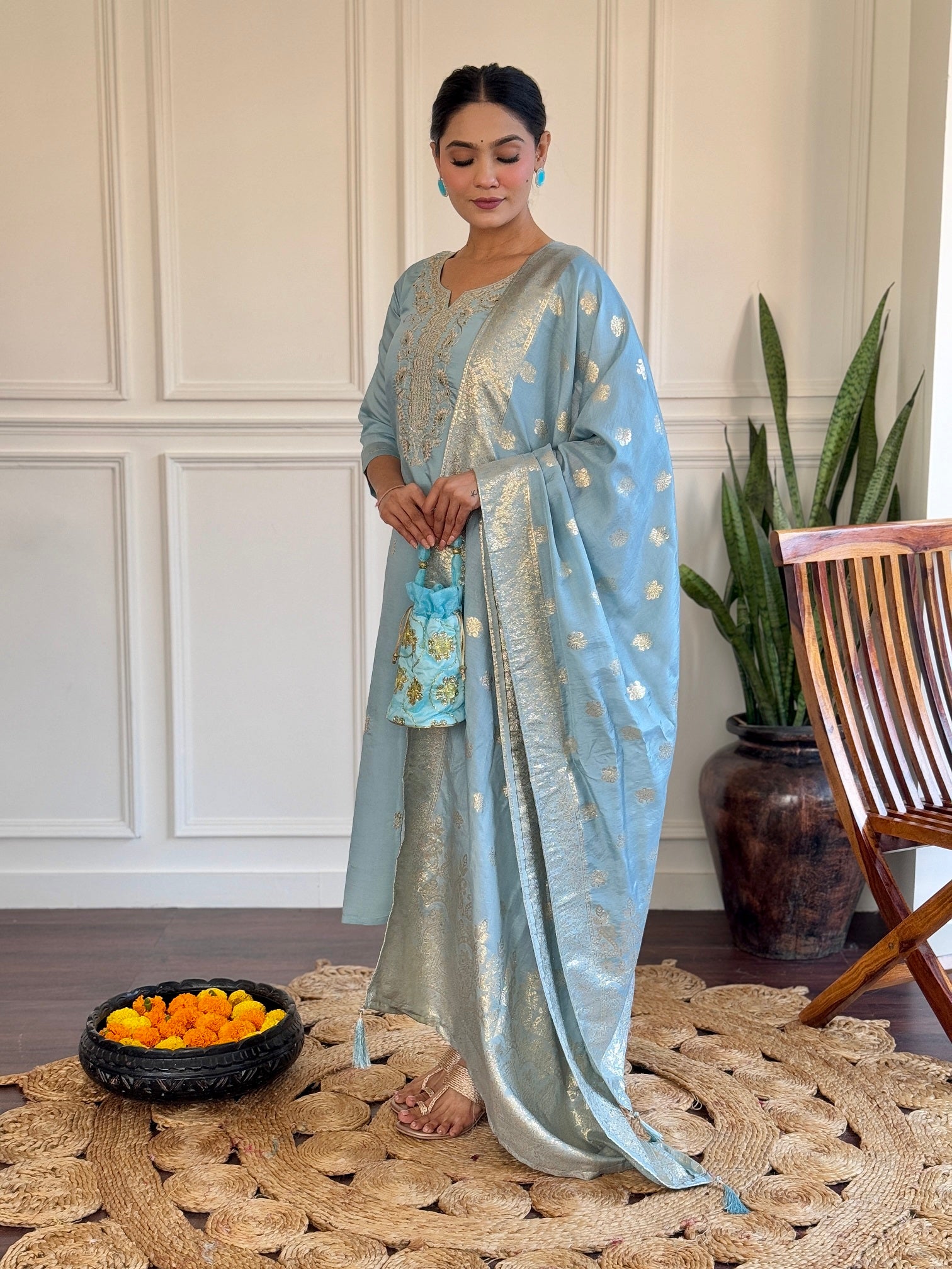 Women's Sky Blue Viscose Chanderi Embroidery Kurta Set