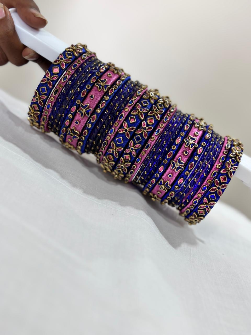 Women's Blue & Pink Silk Thread Handmade Stone Bangles