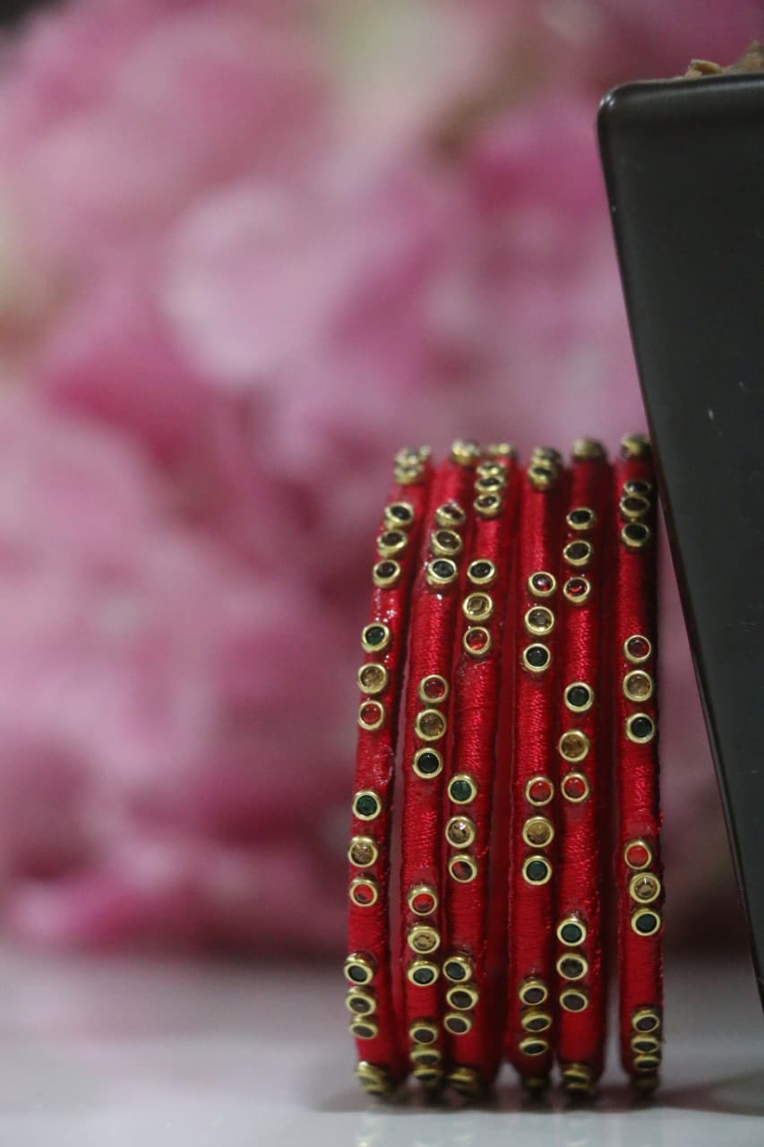 Women's Red Silk Thread Handmade Stone Bangles