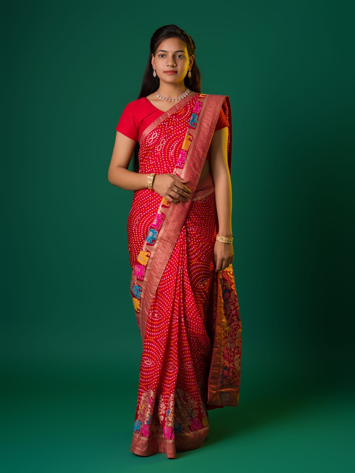 Women's Bandhani Zari Border Munga Silk Saree DC