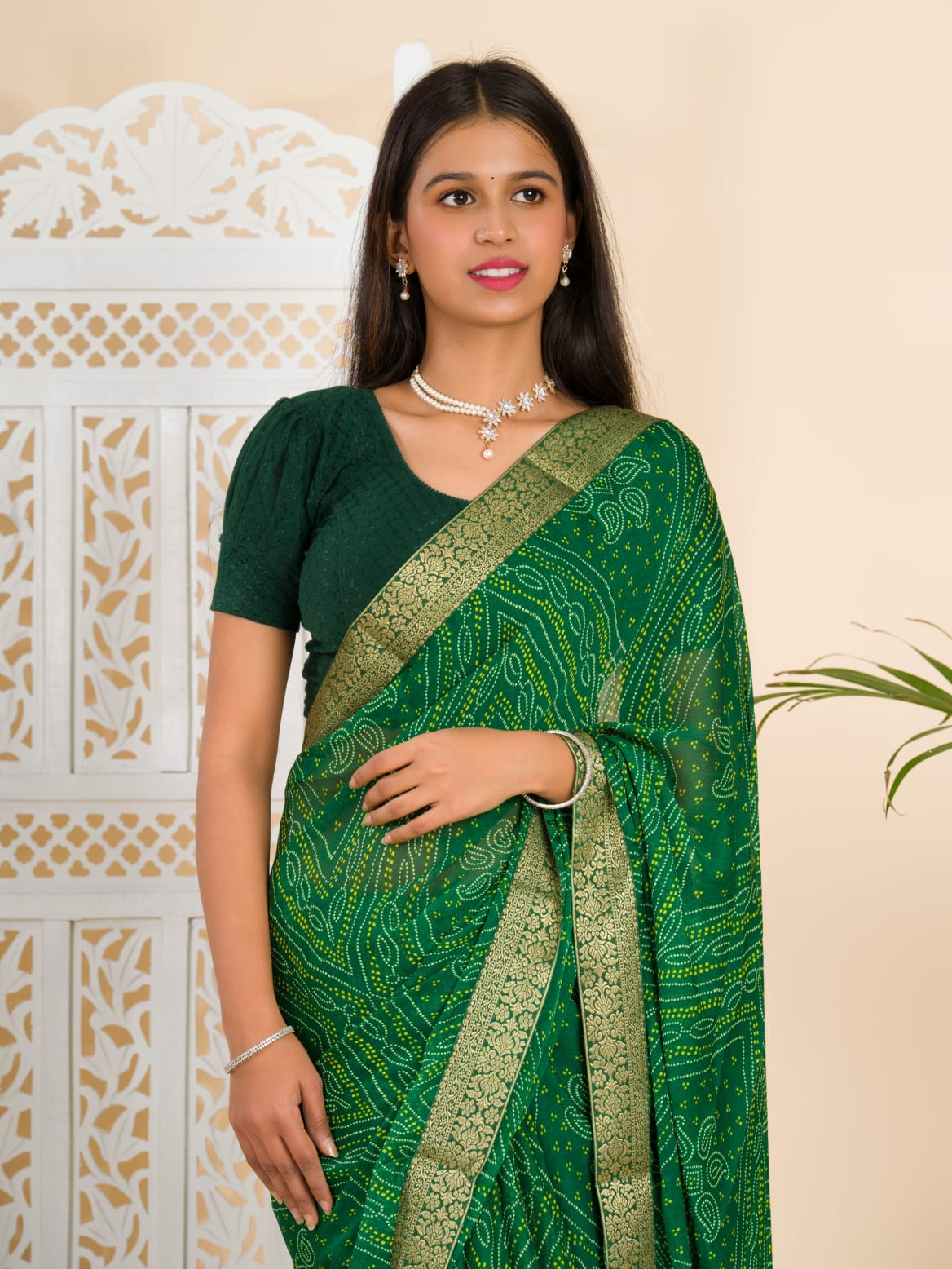 Women's Moss Chiffon Georgette Bandhani Sarees Green