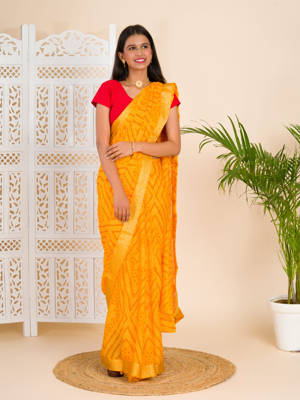 Women's Moss Chiffon Georgette Bandhani Sarees Yellow