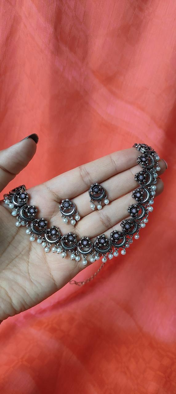 Baby pink stone work oxidized jewelry set for women