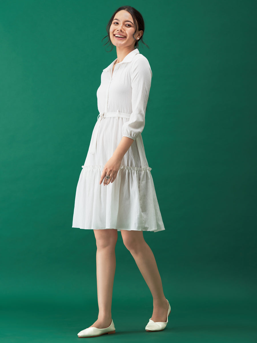 Women's Fit And Flare Collared Dress White Color Solid & Plain Dress